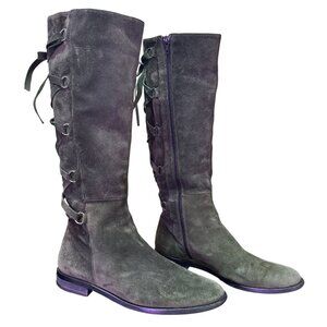 Vintage Suarez Italy Womens Olive Green Suede Knee High Lace Up Boots Side Zip 8